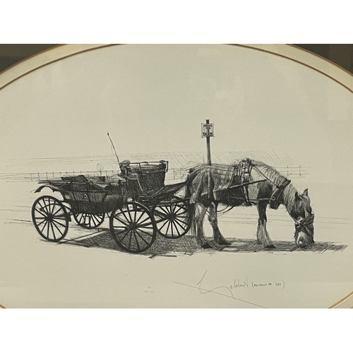 91 - A FRAMED AND OVAL MOUNTED MONOCHROMATIC PENCIL DRAWING OF A HORSE AND CART LIMITED EDITION SIGNED WI... 