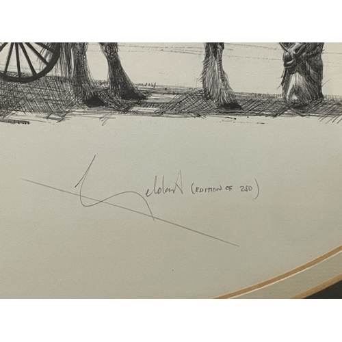 91 - A FRAMED AND OVAL MOUNTED MONOCHROMATIC PENCIL DRAWING OF A HORSE AND CART LIMITED EDITION SIGNED WI... 
