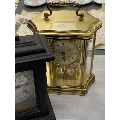 219 - THREE CLOCKS TO INCLUDE TWO CARRIAGE CLOCKS AND AN ANNIVERSARY CLOCK