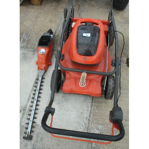 96 - A HUSQVARNA BATTERY OPERATED LAWN MOWER & HUSQVARNA HD45 HEDGE CUTTER ONE BATTERY  NO VAT