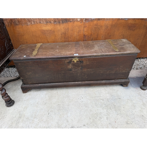A GEORGE III OAK BLANKET CHEST WITH SUBSTANTIAL BRASS HINGES, 50