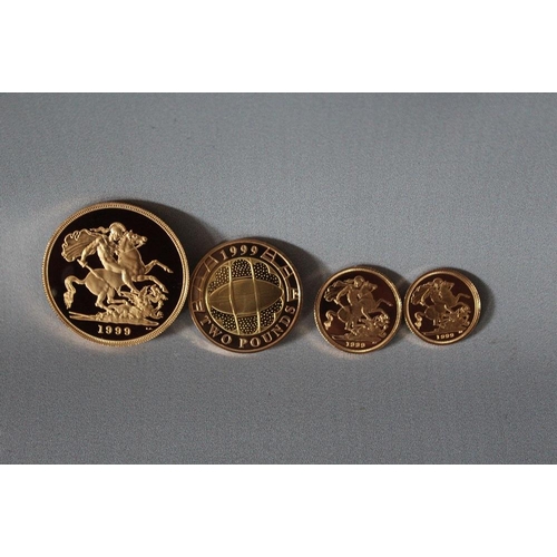 18 - A ROYAL MINT 1999 GOLD PROOF FOUR COIN SET, comprising £5, £2, Sovereign and Half Sovereign, togethe... 