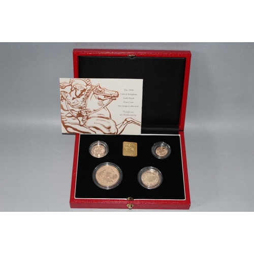 18 - A ROYAL MINT 1999 GOLD PROOF FOUR COIN SET, comprising £5, £2, Sovereign and Half Sovereign, togethe... 