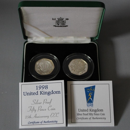 19 - A ROYAL MINT 1998 SILVER PROOF 'EEC' 50 PENCE AND A 'NHS' 50 PENCE TWO COIN SET, with COA/Booklet, i... 