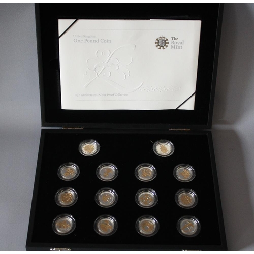 30 - A ROYAL MINT 2008 '25TH ANNIVERSARY' SILVER PROOF £1 FOURTEEN COIN SET, with COA/Booklets, in origin... 