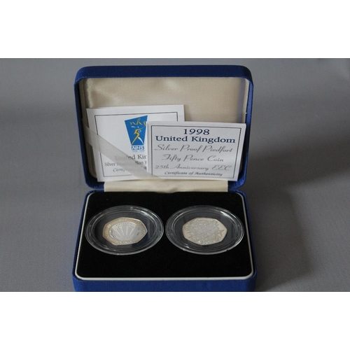 33 - A ROYAL MINT 1998 PIEDFORT SILVER PROOF 'EEC' 50 PENCE AND 'NHS' 50 PENCE TWO COIN SET, with COA/Boo... 