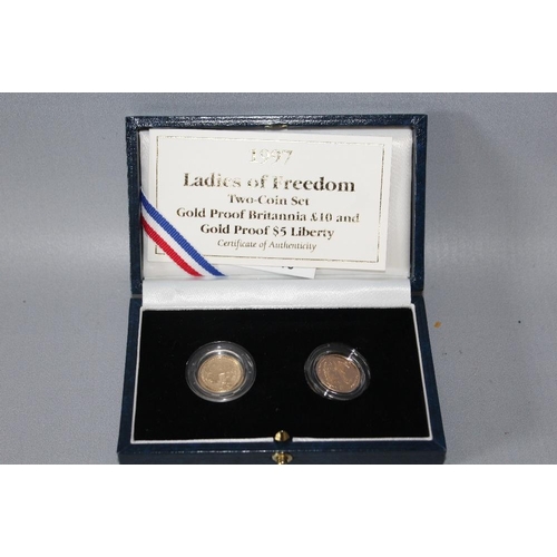 42 - A ROYAL MINT 1997 'LADIES OF FREEDOM' GOLD PROOF BRITANNIA £10 AND $5 LIBERTY TWO COIN SET, with COA... 