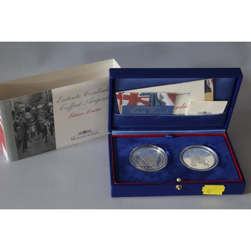 43 - A ROYAL MINT '100TH ANNIVERSARY OF THE ENTENTE CORDIALE' SILVER PROOF £5 TWO COIN SET, with COA/Book... 