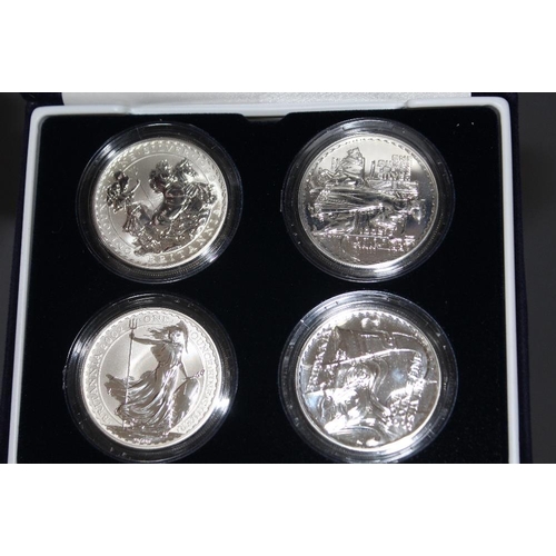 57 - A ROYAL MINT BRITANNIA DESIGN ONE OUNCE SILVER BULLION FOUR COIN SET, with COA/Booklet, in original ... 