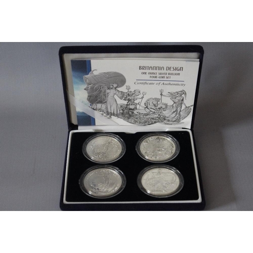 57 - A ROYAL MINT BRITANNIA DESIGN ONE OUNCE SILVER BULLION FOUR COIN SET, with COA/Booklet, in original ... 