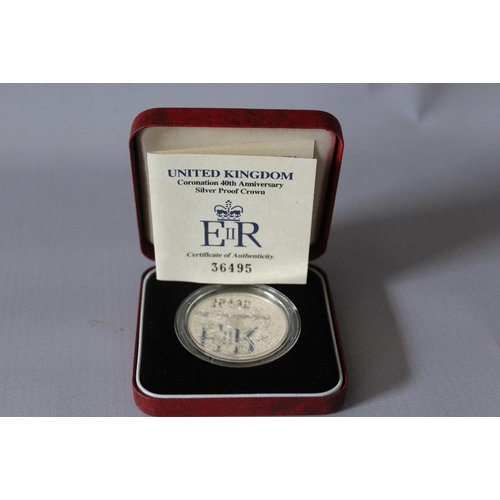 65 - A ROYAL MINT UNITED KINGDOM 'CORONATION 40TH ANNIVERSARY' SILVER PROOF CROWN, with COA/Booklet, in o... 