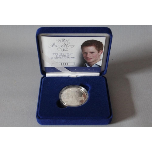 66 - A ROYAL MINT 'HRH PRINCE HENRY OF WALES TWENTY FIRST BIRTHDAY' £5 SILVER CROWN, limited edition No 1... 