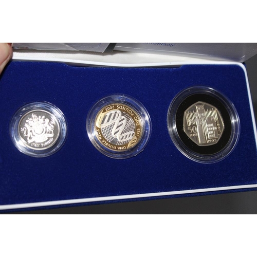 67 - A ROYAL MINT 2003 SILVER PROOF PIEDFORT THREE COIN COLLECTION, comprising £2, £1 and 50 pence coin, ... 