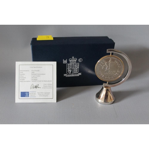 82 - A ROYAL MINT £5 MILLENNIUM SPINNER COIN WITH STAND, with COA/Booklet, in original presentation case