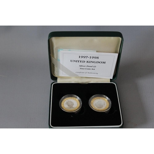 88 - A ROYAL MINT 1997 - 1998 UNITED KINGDOM SILVER PROOF £2 TWO COIN SET, with COA/Booklet, in original ... 