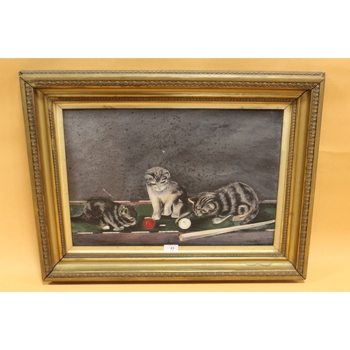 43 - A GILT FRAMED OIL ON CANVAS DEPICTING A TRIO OF CATS UPON A SNOOKER TABLE -  OVERALL SIZE 73 X 55.5 ... 