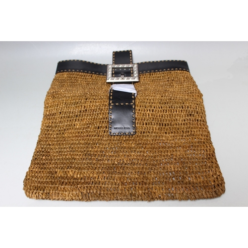 A MICHAEL KORS RAFFIA FOLD OVER CLUTCH BAG, basket weave effect, black  leather band to top edge with