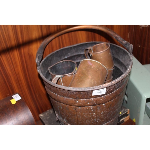 146 - A VINTAGE COPPER COAL BUCKET, TOGETHER WITH A COLLECTION OF COPPER MEASURES