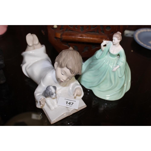 147 - A NAO FIGURE OF A BOY READING A BOOK, TOGETHER WITH A COALPORT LADY FIGURE