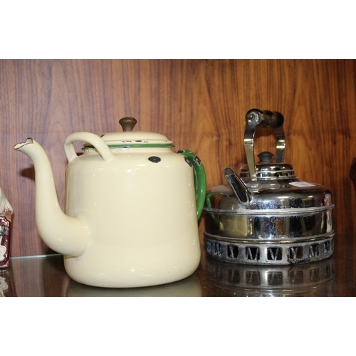 153 - A VINTAGE ENAMELLED KETTLE TOGETHER WITH A CHROMED EXAMPLE (2)