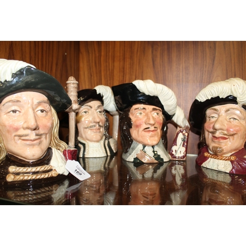 169 - FOUR ROYAL DOULTON MUSKETEER CHARACTER JUGS, consisting of Aramis D6441, Athos D6439, Porthos D6440 ... 