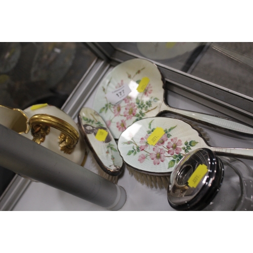 177 - A ROYAL WORCESTER BLUSH IVORY JUG A/F TOGETHER WITH A COLLECTION OF ENAMELLED DRESSING TABLE ITEMS A... 