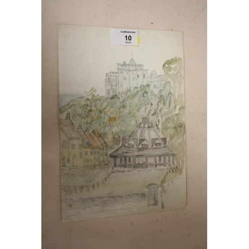10 - AFTER FRED YEATES - AN UNFRAMED WATERCOLOUR OF COTTAGES, SIZE 25.5 CM X 17.5 CM