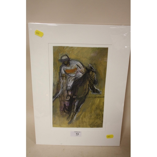 13 - AN UNFRAMED MOUNTED PASTEL AND CHARCOAL OF A POLO PLAYER, SIZE 16 CM X 27 CM