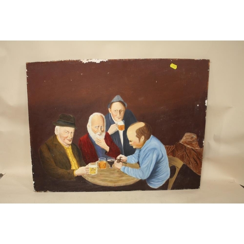 15 - AN UNFRAMED OIL ON BOARD DEPICTING FIGURES AT A TABLE, WITH A LAST SUPPER SCENE ON THE REVERSE SIZE ... 