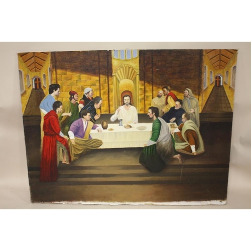 15 - AN UNFRAMED OIL ON BOARD DEPICTING FIGURES AT A TABLE, WITH A LAST SUPPER SCENE ON THE REVERSE SIZE ... 