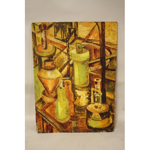 2 - AN UNFRAMED OIL ON PAPER LAID ON BOARD OF A MODERNIST STILL LIFE STUDY, SIZE 76 CM X 56 CM
