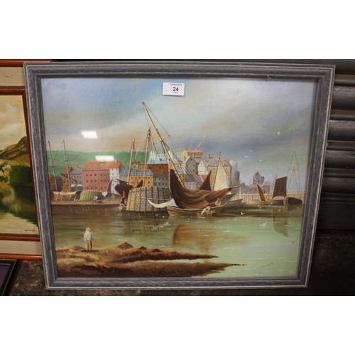 24 - A COLLECTION OF FRAMED OIL PAINTINGS TO INCLUDE HARBOUR SCENES AND LANDSCAPES