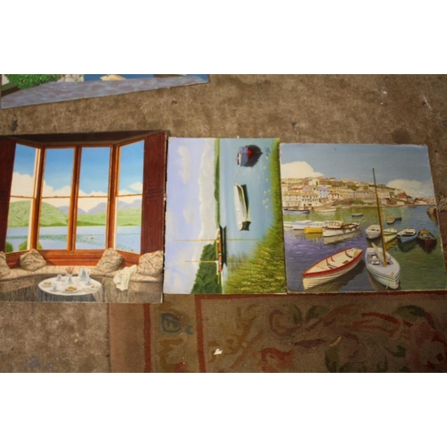 34 - A COLLECTION OF UNFRAMED OIL ON BOARD PAINTINGS OF HARBOUR SCENES, SOME SIGNED N K DAY