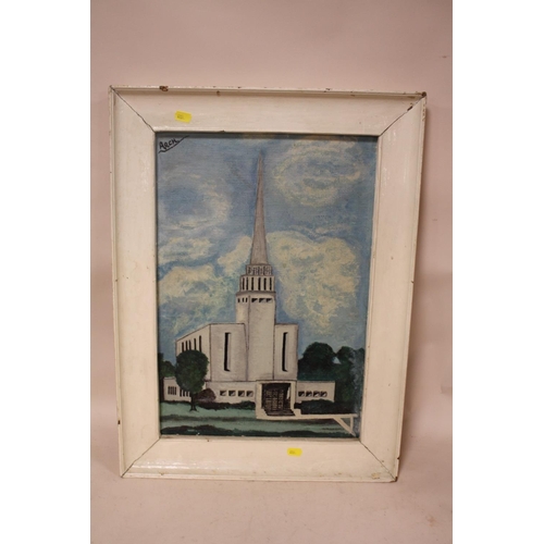 4 - A FRAMED OIL ON CANVAS LAID ON BOARD OF A CHURCH SIGNED ARCH UPPER LEFT, SIZE 50 CM X 34 CM