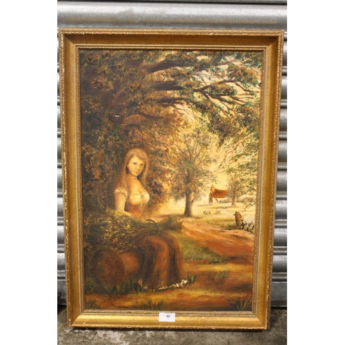 46 - A GILT FRAMED OIL ON BOARD OF A WOODED LANDSCAPE WITH A WOMAN HOLDING A SHEATH OF CORN, SIZE 60 CM X... 