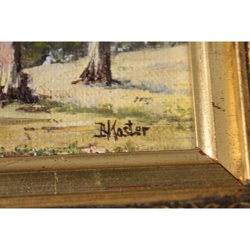 48 - A SMALL GILT FRAMED AUSTRALIAN STYLE OIL ON BOARD OF A MOUNTAINOUS COUNTRY LAKE SCENE SIGNED B KOSTE... 