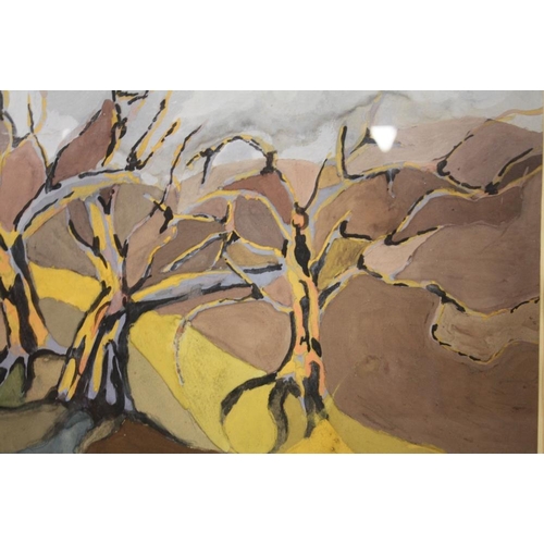 6 - A 20TH CENTURY GOUACHE OF A MODERNIST LANDSCAPE WITH TREES BY LAURA HARRIS TOGETHER WITH A FRAMED AN... 