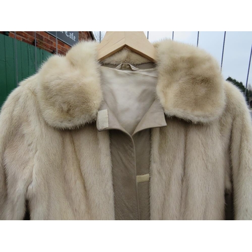79 - A VINTAGE CREAM / PEARL MINK FUR AND LEATHER COAT, fully lined, velcro fasteners, approx size 36
