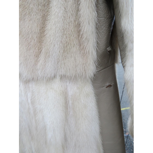 79 - A VINTAGE CREAM / PEARL MINK FUR AND LEATHER COAT, fully lined, velcro fasteners, approx size 36