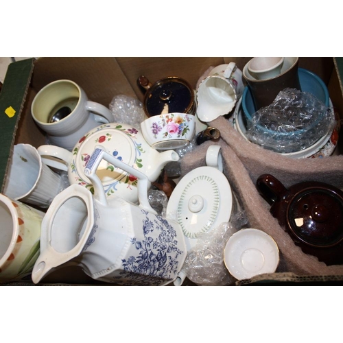 102 - TWO TRAYS OF ASSORTED CERAMICS TO INCLUDE TEAPOTS TOGETHER WITH A TRAY OF METALWARE (3)