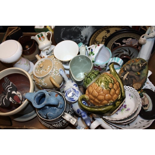 102 - TWO TRAYS OF ASSORTED CERAMICS TO INCLUDE TEAPOTS TOGETHER WITH A TRAY OF METALWARE (3)