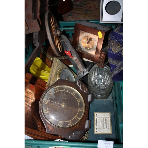 111 - TWO TRAYS OF COLLECTABLES TO INCLUDE MANTLE CLOCKS, WOODEN CAR FIGURE ETC