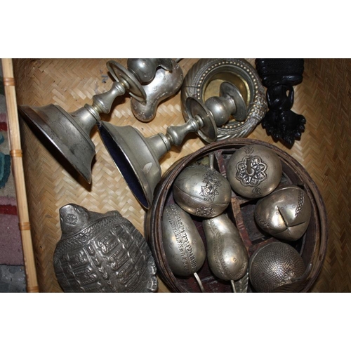 112 - TWO BOXES OF METALWARE TO INCLUDE EASTERN WHITE METAL FRUIT SHAPED TRINKET BOXES,  BRASS COMPANION S... 