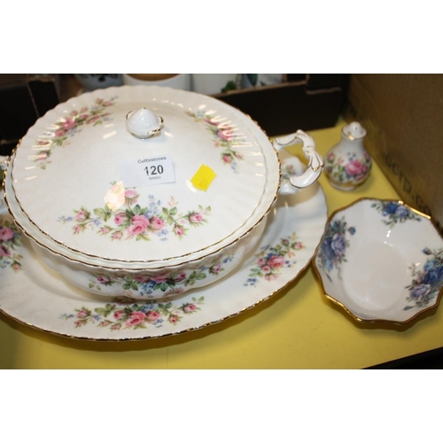 120 - A ROYAL ALBERT MOSS ROSE TUREEN, MEAT PLATE, SIDE PLATE, PEPPERETTE TOGETHER WITH A MOONLIGHT ROSE D... 