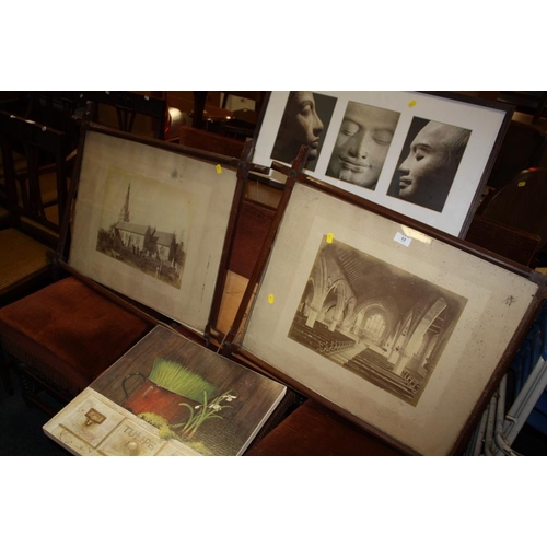 62 - TWO ARTS AND CRAFTS STYLE CROSS FRAMED PRINTS TOGETHER WITH TWO OTHER PRINTS