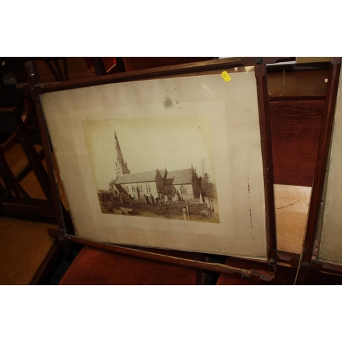 62 - TWO ARTS AND CRAFTS STYLE CROSS FRAMED PRINTS TOGETHER WITH TWO OTHER PRINTS