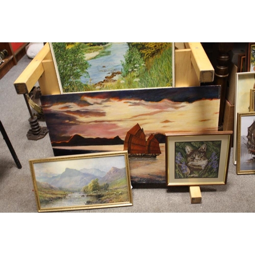 63 - A COLLECTION OF PICTURES AND PRINTS TO INCLUDE AN UNFRAMED OIL ON BOARD OF A SAIL SHIP AT SEA