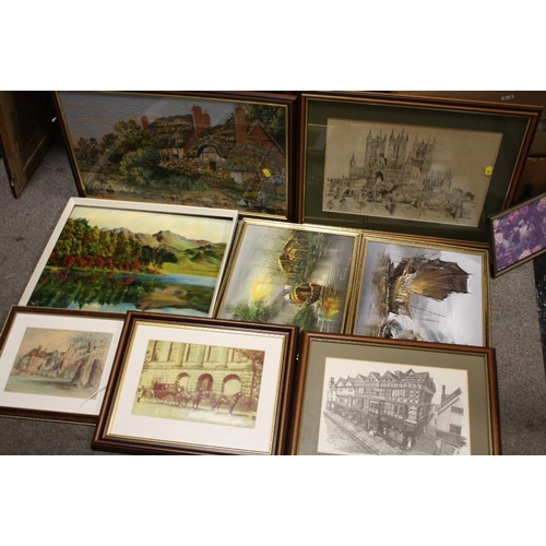 63 - A COLLECTION OF PICTURES AND PRINTS TO INCLUDE AN UNFRAMED OIL ON BOARD OF A SAIL SHIP AT SEA