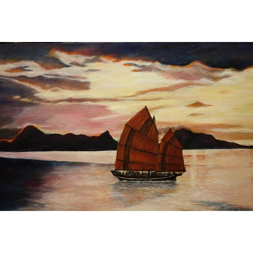 63 - A COLLECTION OF PICTURES AND PRINTS TO INCLUDE AN UNFRAMED OIL ON BOARD OF A SAIL SHIP AT SEA