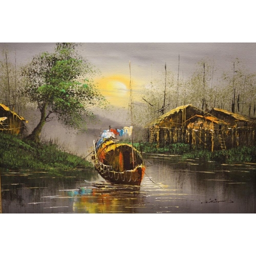 63 - A COLLECTION OF PICTURES AND PRINTS TO INCLUDE AN UNFRAMED OIL ON BOARD OF A SAIL SHIP AT SEA